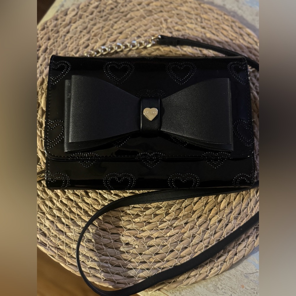 Betsey Johnson Black Patent Bow Crossbody with Gold Heart Charm